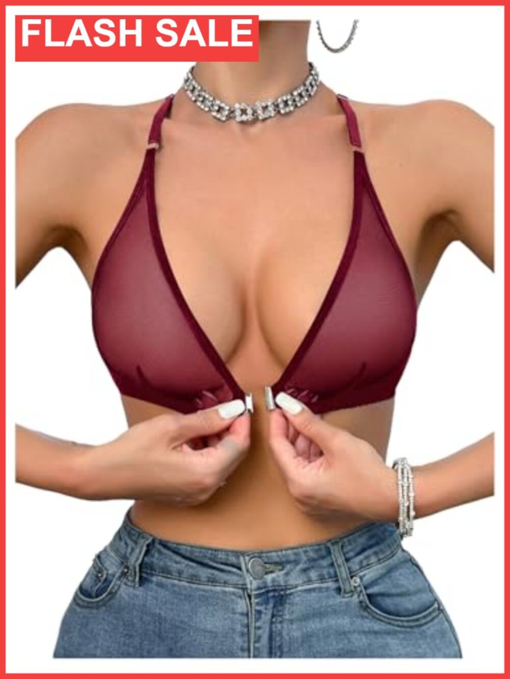 Sheer Mesh Bralette Front Closure Wireless Deep V Neck Lingerie